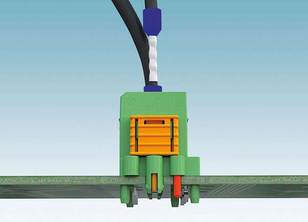 Die seitlichen Spreizniete sorgen dafür, dass eine vibrationssichere mechanische Verbindung zwischen Steckverbinder und Leiterplatte hergestellt wird.