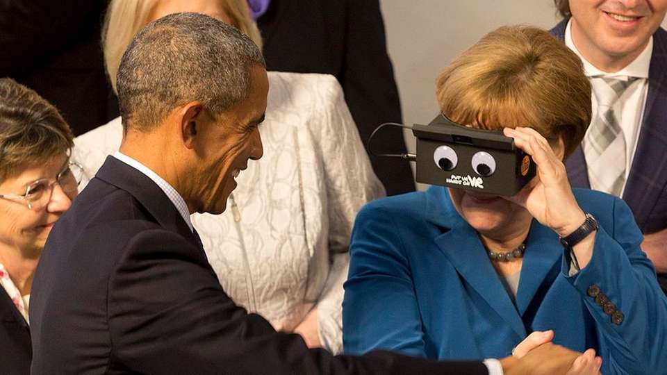 US-Präsident Barack Obama und Bundeskanzlerin Dr. Angela Merkel am Stand der Ifm Electronic auf der Hannovermesse