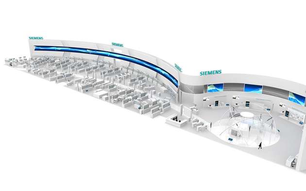 In Hallo 9, Stand D35, stellt Siemens auf 3500 Quadratmetern Lösungen zur Digitalisierung von Fertigungs- und Prozessindustrie vor.