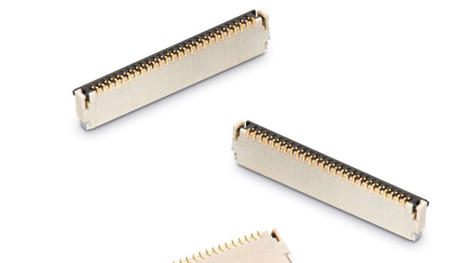 Back-Lock-Dual-Contact-ZIF-Steckverbinder aus der FPC-Familie weist ein Rastermaß von 0,5 mm auf.