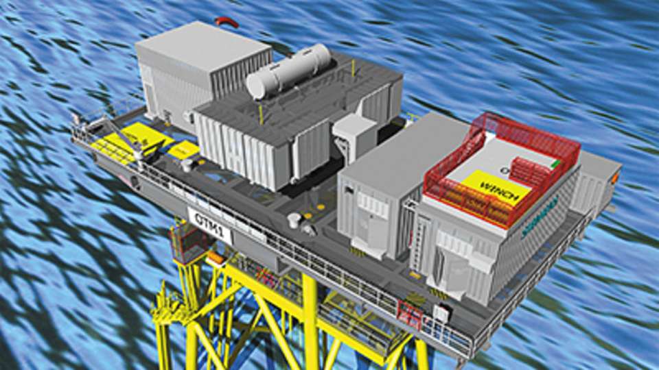 Das neue Offshore-Transformatormodul von Siemens: Die Lösung kann auf einem eigenen Windturbinen-Fundament installiert werden.