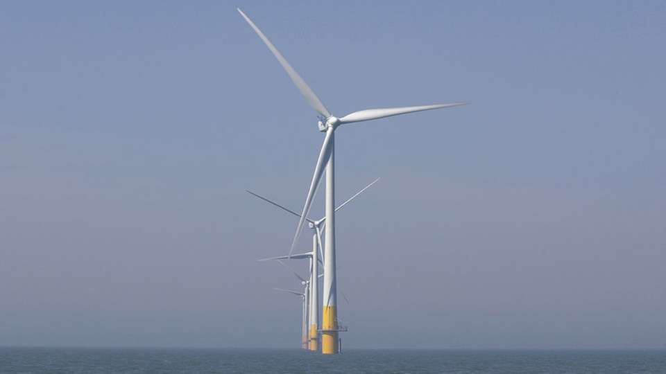 Der Offshore-Park Kentish Flats Extension in Großbritannien verfügt über 15 Windenergieanlagen mit je 3,3 Megawatt Leistung.