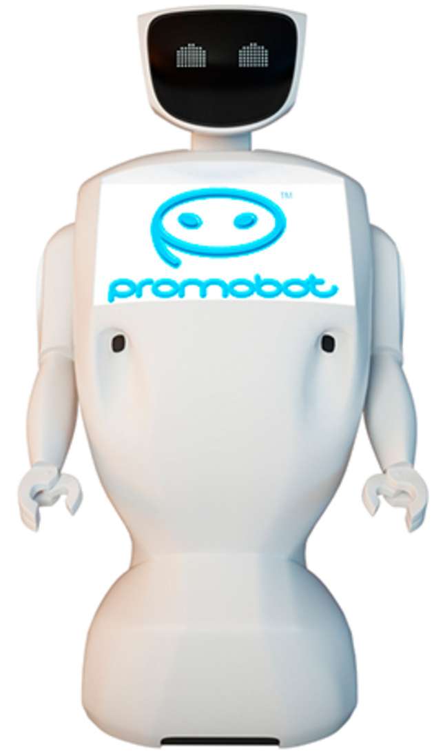 Der humanoid anmutende Promobot ist etwas kleiner als ein Mensch und kann auch mit Menschen kommunizieren.