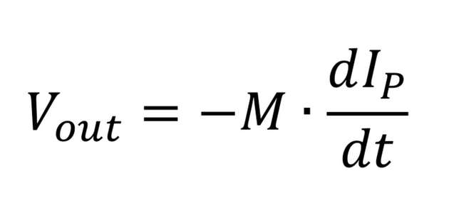 Hier das mathematische Formel für das Funktionsprinzip der Rogowski-Spule. Dabei ist M die Gegeninduktivität zwischen Primärleiter und Spule. Sie entspricht zu einem gewissen Grad der Kopplung zwischen dem Primär- und Sekundärkreis.