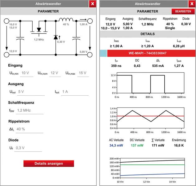 Einstellungsmaske von Red Expert: Mit dem Online-Tool lässt sich die ideale Induktivität berechnen und die Temperatur abschätzen.