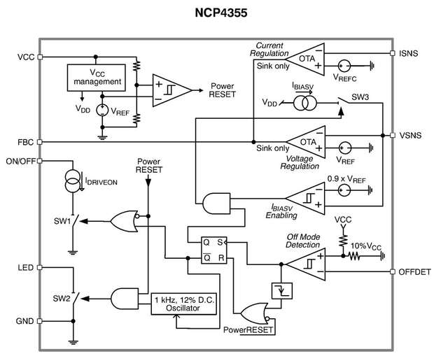 Schaltskizze des Active-On-Controllers NCP4355. Der Controller bietet die beste Leistungsfähigkeit und benötigt nur einen zusätzlichen Optokoppler. 