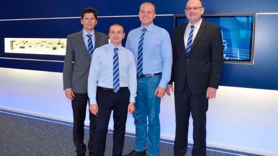 Das Team von Faulhaber Polska (v. l. n. r.): Rolf Schmideder (Area Sales Manager), Krzysztof Pietrzak (Area Sales Manager Polska), Konrad Marcioha (Customer Service), Marcus Remmel (Managing Director)