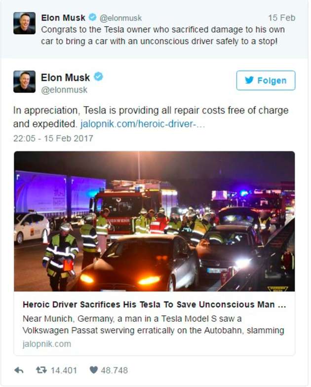 Tesla-Chef Elon Musk twittert sein großzügiges Angebot.