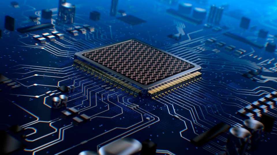 Die Konzeptzeichnung zeigt einen programmierbaren, nanophotonischen Prozessor auf einer Leiterplatte.
