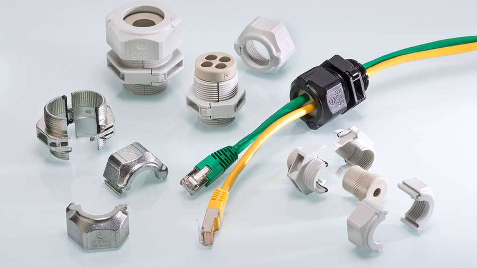 Die teilbare Pflitsch-Kabelverschraubung Uni Split Gland mit ihren über hundert verschiedenen Dichteinsätzen ist konzipiert für die Einführung von konfektionierten Kabeln. 