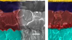 Rasterelektronenmikroskopien der Perowskit-Solarzellen, links mit glatter (rote Linie), rechts mit mesoporöser Grenzschicht (rötliche Region) zwischen Perowskit (braun) und Metalloxid (türkis).