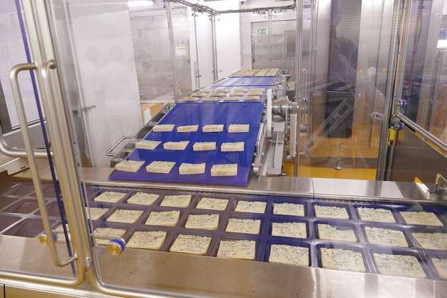 Die im vorangegangenen Prozess geschnittenen Käseportionen werden in die Unterschalen der Verpackung eingelegt und danach mit einer Folie von oben versiegelt. 