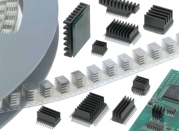 Angepasste SMD Kühlkörper ergeben den Mehrwert, dass diese bei der Leiterkartenbestückung wie ein elektronisches Bauteil behandelt werden können.