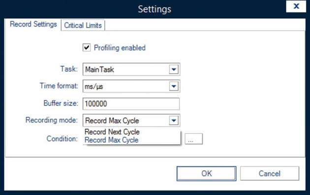 Konfiguration des Codesys-Profiler zur Messung der maximalen Zykluszeit der SPS-Task