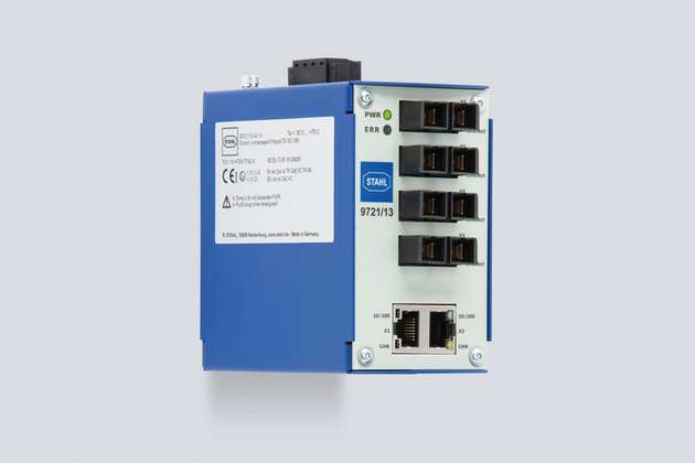 Unmanaged Switches der Reihe 9721 mit vier FX-Ports für Lichtwellenleiter zum Aufbau einer schnellen Ethernet-Infrastruktur in Ex-Bereichen