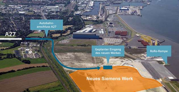 Erste Produktionsstätte für Offshore-Windkraftanlagen in Deutschland: Die Fertigung in Cuxhaven soll auf einer Fläche von rund 170.00 Quadratmetern – etwa 24 Fußballfeldern – direkt am Hafen entstehen.