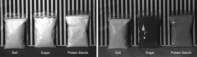 Inspektion von weißen pulverförmigen Lebensmitteln mit sichtbarem Licht (links) sowie mit SWIR-Licht (rechts).