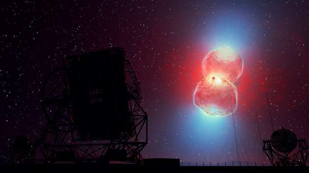 Künstlerische Darstellung der RS-Ophiuchi-Nova-Explosion: Die schnellen Schockwellenfronten bilden die Form eines Uhrenglases aus, in der die Gammastrahlung produziert wird. Sie wird dann von den H.E.S.S.-Teleskopen (im Vordergrund) aufgezeichnet.