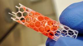 Die 3D-gedruckte Gerüststruktur, an der die menschlichen Zellen wachsen können – im Bild in einem ersten Versuch benetzt mit Wasser und Lebensmittelfarbe
