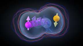 Zwei wechselwirkende Loch-Spin-Qubits: Wenn ein Loch (magenta/gelb) von einem Ort zum anderen tunnelt, dreht sich sein Spin aufgrund der Spin-Bahn-Kopplung, was zu anisotropen Wechselwirkungen führt, die durch die umgebenden Blasen dargestellt werden.