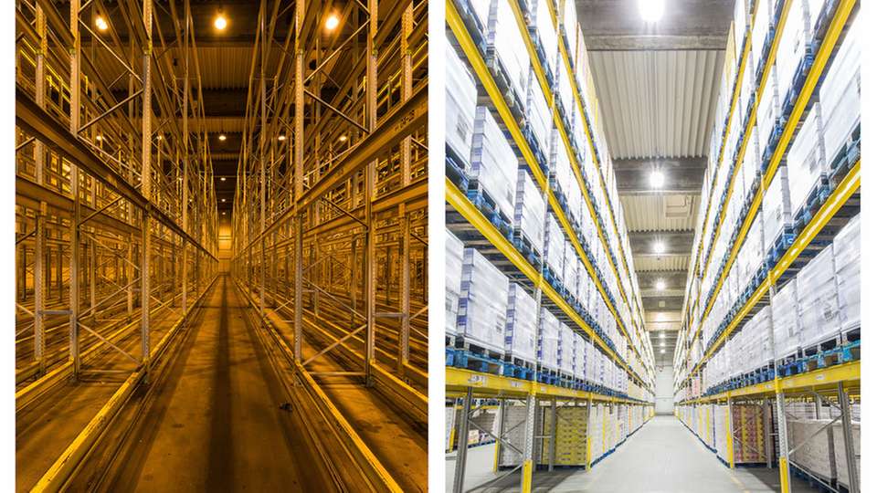 Vorher - Nachher: Mit der gemieteten LED-Beleuchtung sind die Lagerhallen eines der weltgrößten Lebensmittelkonzerne besser ausgeleuchtet. 