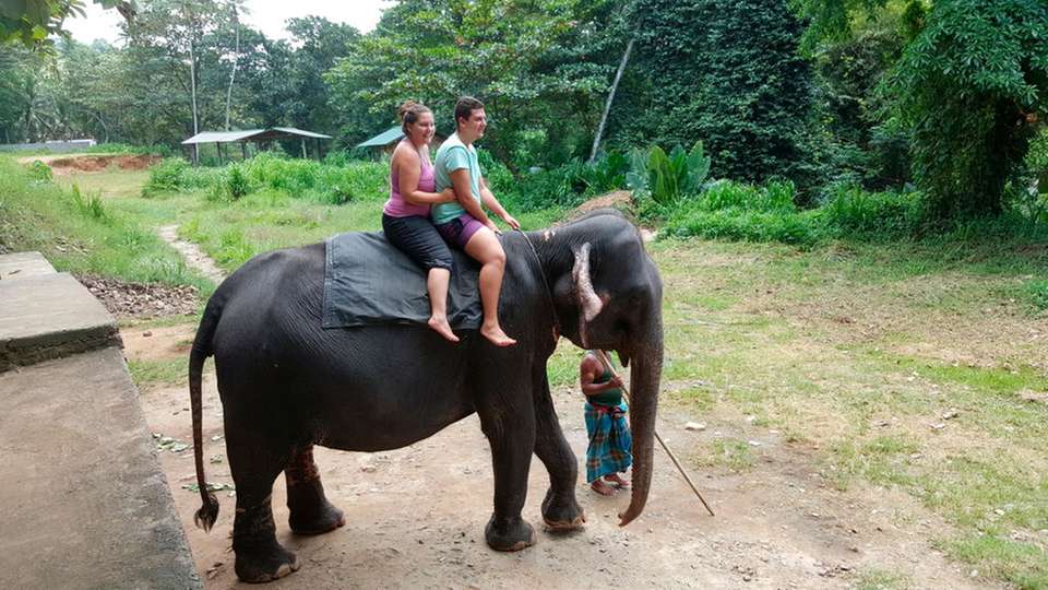 R. Stahl Azubis Louise Kessel und Alexandros Dekas beim Elefantenreiten in Indien.