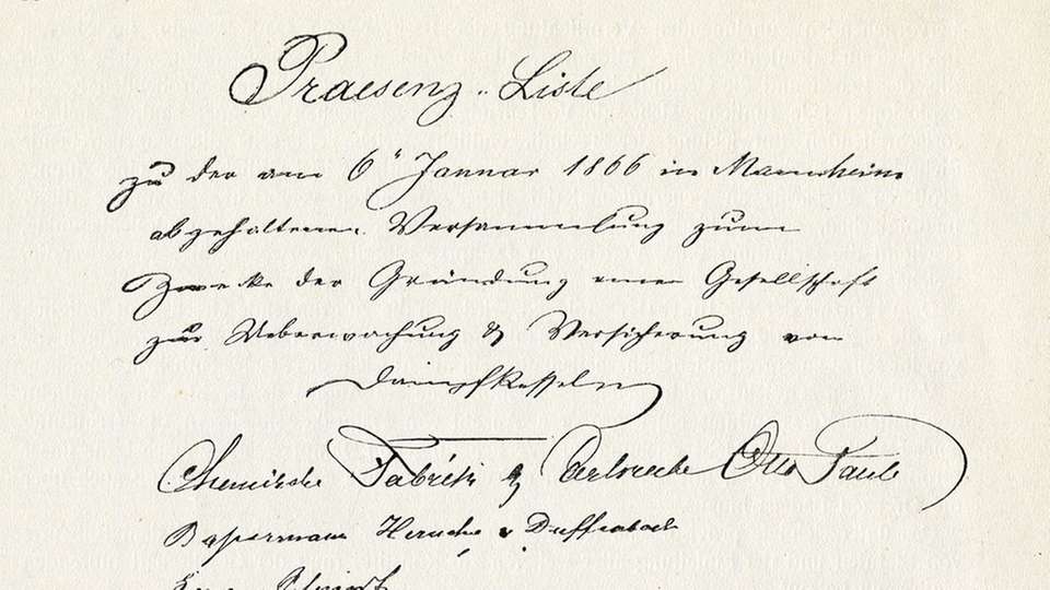 Präsenzliste vom 6. Januar 1866 mit den Unterschriften der 22 Anwesenden bei der Gründungsversammlung. 