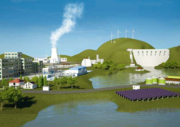 Windkrafträder, Photovoltaik- sowie Biogas-Anlagen und Wasserkraftwerke können in einem virtuellen Kraftwerk zusammengeschaltet werden.