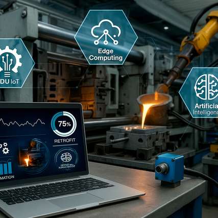 Visualisierung einer digital nachgerüsteten Produktionsanlage mit vernetzter Sensorik und Datenanalyse – Grundlage für Retrofit, Systemmodellierung und effiziente Produktionsprozesse.