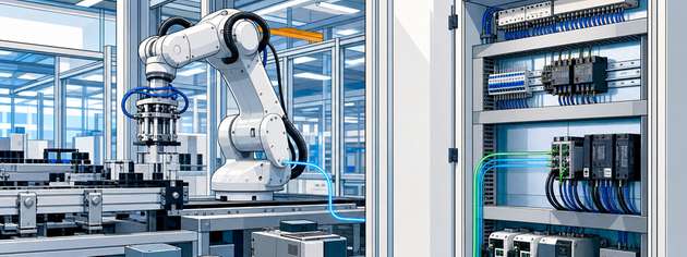 Roboter, Antriebstechnik und Schaltschrank sind über Energie- und Datenpfade in die Produktionslinie eingebunden.