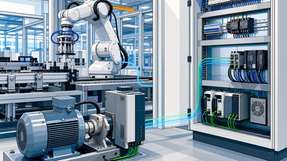 Roboter, Antriebstechnik und Schaltschrank sind über Energie- und Datenpfade in die Produktionslinie eingebunden.