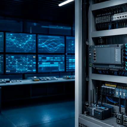 Vernetzte Industriekomponenten und Monitore zur Überwachung von IT/OT-Systemen und digitalen Sicherheitsprozessen.