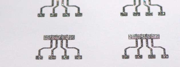Skalierbare Drucktechnologie für öko-nachhaltige Magnetoelektronik: Sensoren, mittels industrieller Siebdrucktechnik auf eine DIN-A-4-Fläche gedruckt.