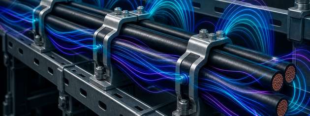 Robuste Kabelklemmen halten Starkstromkabel auch bei den elektromagnetischen Kräften eines Kurzschlusses sicher in Position.