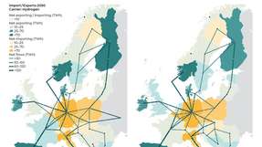 Die Modellstudie bildet zwei Typen von Entwicklungsszenarios für ein europaweites Wasserstoffnetz ab, ein starkes und ein schwaches.