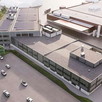 Luftaufnahme des geplanten Gunnesbo Innovation Centre in Lund, das künftig Forschung und Entwicklung für moderne Wärmeübertragungstechnologien bündelt.