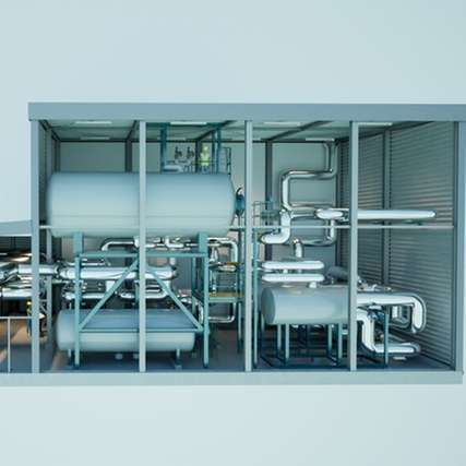 Entwurfslayout der Energynest Power-to-Heat-Anlage und 24 Wärmespeichermodule, die Prozesswärme aus Strom bereitstellt und CO2-Emissionen nachhaltig reduziert.