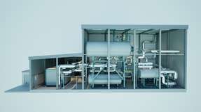 Entwurfslayout der Energynest Power-to-Heat-Anlage und 24 Wärmespeichermodule, die Prozesswärme aus Strom bereitstellt und CO2-Emissionen nachhaltig reduziert.