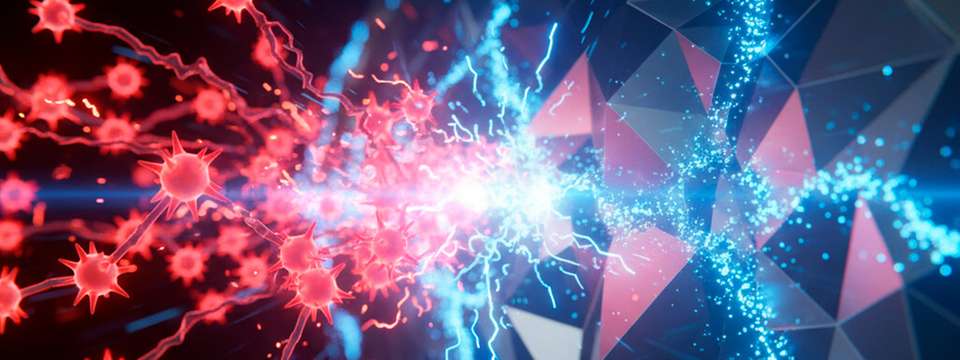 Stickstoffatome (blau) blockieren an den Korngrenzen das Eindringen von Wasserstoff (rot). Diese atomare Passivierung schützt den Edelstahl vor Versprödung und Korrosion.