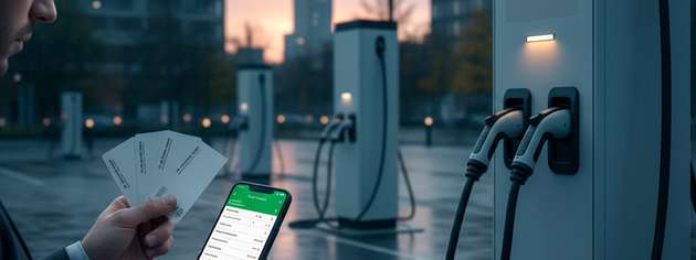 Laden unterwegs: E‑Auto an öffentlicher Ladesäule. Ein Fahrer hält mehrere Ladekarten; das Smartphone zeigt eine unübersichtliche Tarifauswahl.