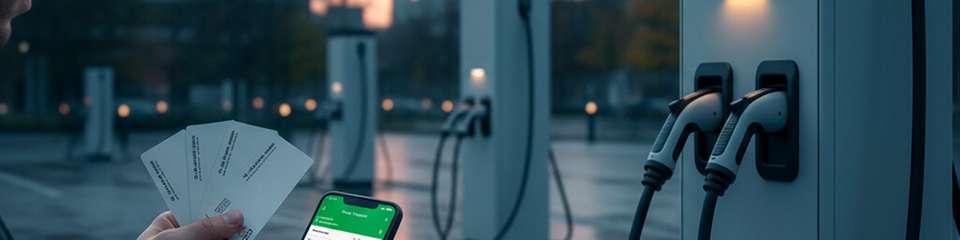 Laden unterwegs: E‑Auto an öffentlicher Ladesäule. Ein Fahrer hält mehrere Ladekarten; das Smartphone zeigt eine unübersichtliche Tarifauswahl.
