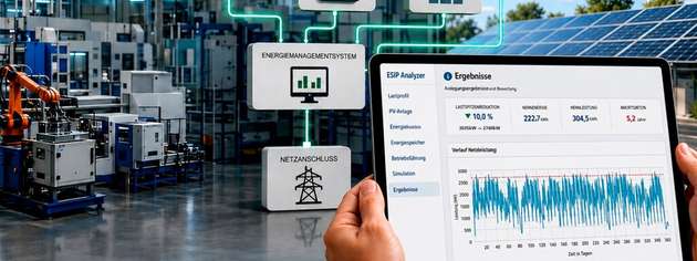 Auslegungsergebnisse im ESiP Analyzer: Relevante KPIs wie die Spitzenlastsenkung, die Speichergröße und die Amortisation lassen sich direkt ermitteln.