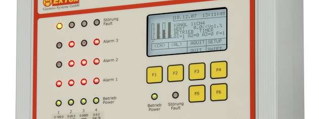 Stationäre Gaswarnzentrale überwacht Wasserstoff 24/7, bewertet Konzentrationen zur UEG-Absicherung und schaltet bei mehrstufigen Alarmschwellen Schutzfunktionen.