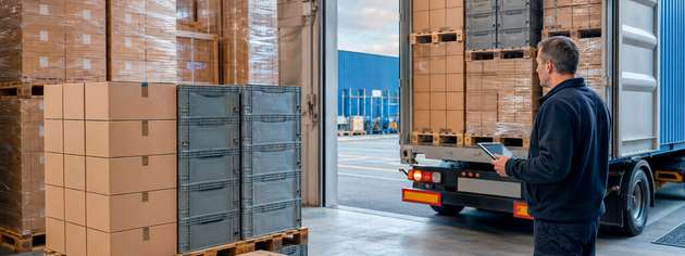 Kartons und Mehrwegbehälter auf Paletten vor einem beladenen Lastwagen im Logistiklager.