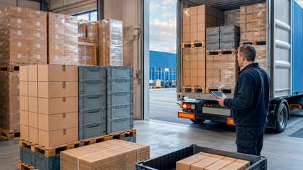 Kartons und Mehrwegbehälter auf Paletten vor einem beladenen Lastwagen im Logistiklager.