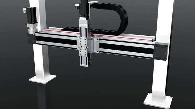 XZ-Positioniersystem aus Zahnriemen- und Spindelachsen mit integriertem Energieketten-Führungssystem NoiseLess