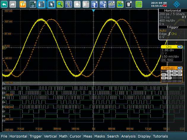 A time offset between the clock signal and the A/D converter's data lines eliminates the spikes in the analog bus representation. 