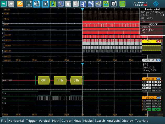 After the SPI command sequence (bottom diagram), the A/D converter begins to output data (top diagram).