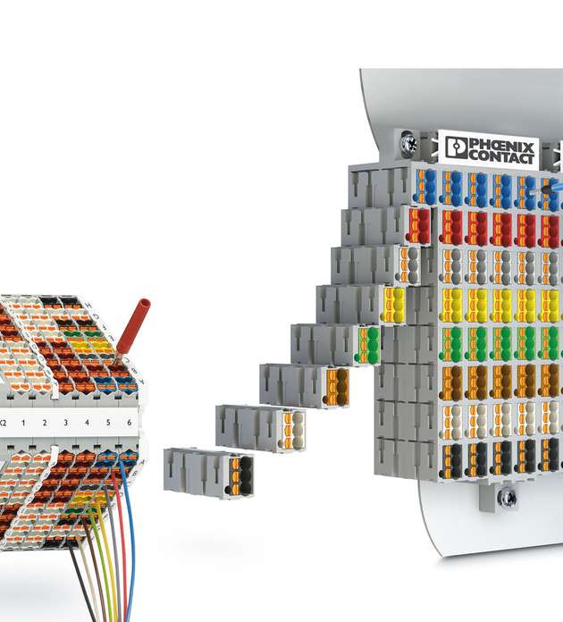 Rangierverbinder (links) und Rangierwaben (rechts): Modulare, farblich codierte Rangiersysteme mit Push-in-Technik bringen Ordnung und Flexibilität in den Schaltschrank.