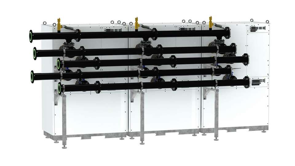 Volle Power: Die Terra-Max-Kaskade bestehend aus drei Wärmepumpen deckt eine Wärmeleistung von bis zu 700 kW ab.